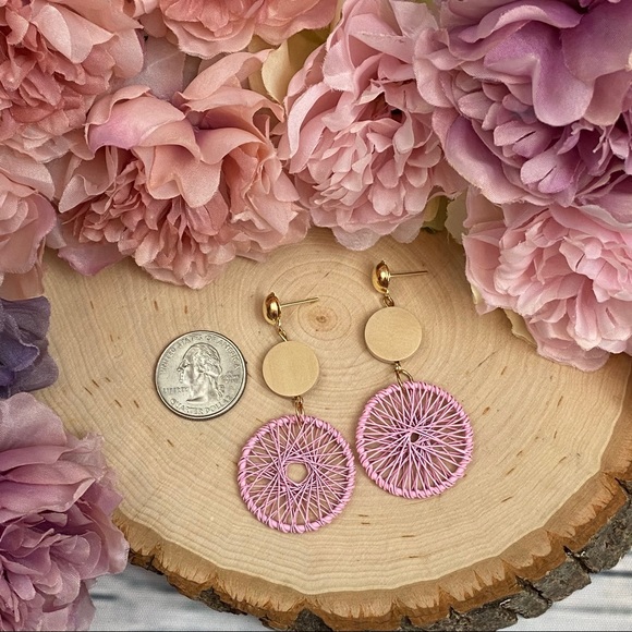 Boho Wood Woven Pink Dream Catcher Earrings - Picture 13 of 14